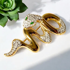 Vintage Puccini Rhinestone Snake Brooch Pin Gold tone White Green eyes figural.